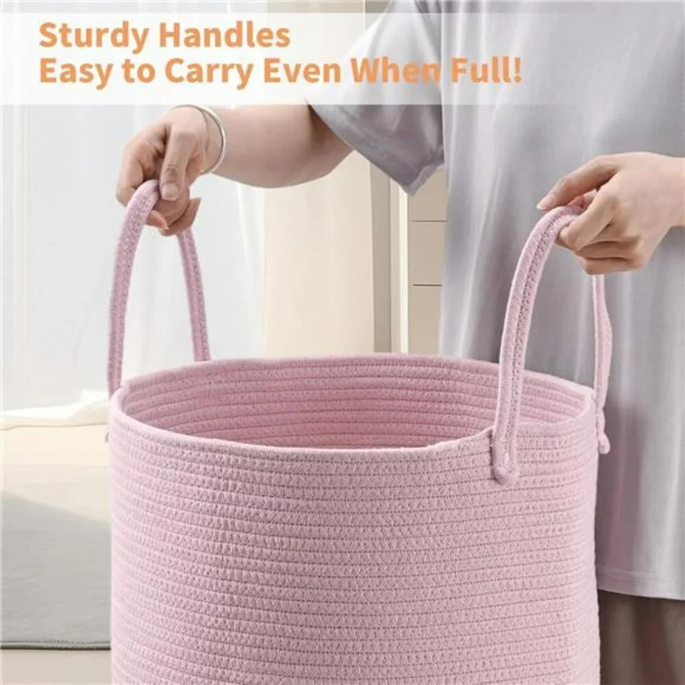 2 pack cotton rope laundry baskets tall woven storage bins pink beige nursery ha